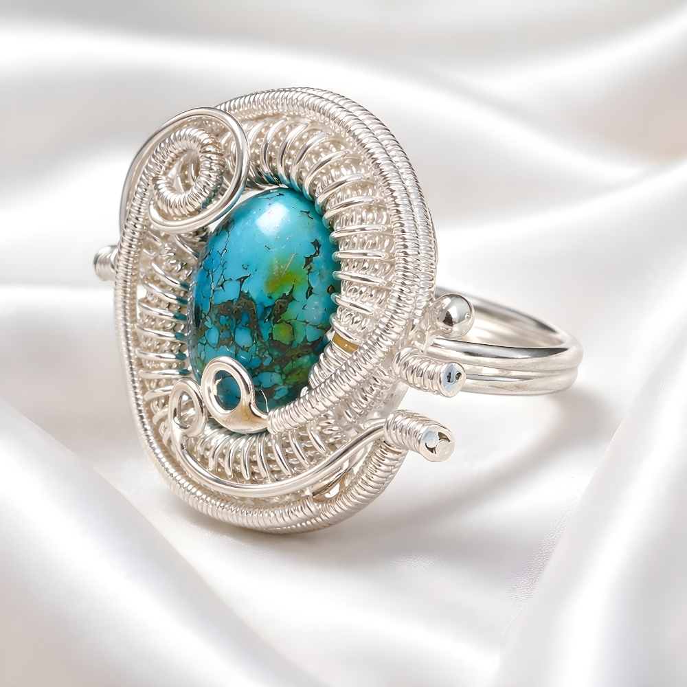 Sterling Silver Wire Wrapped Turquoise Gemstone Ring Size 8
